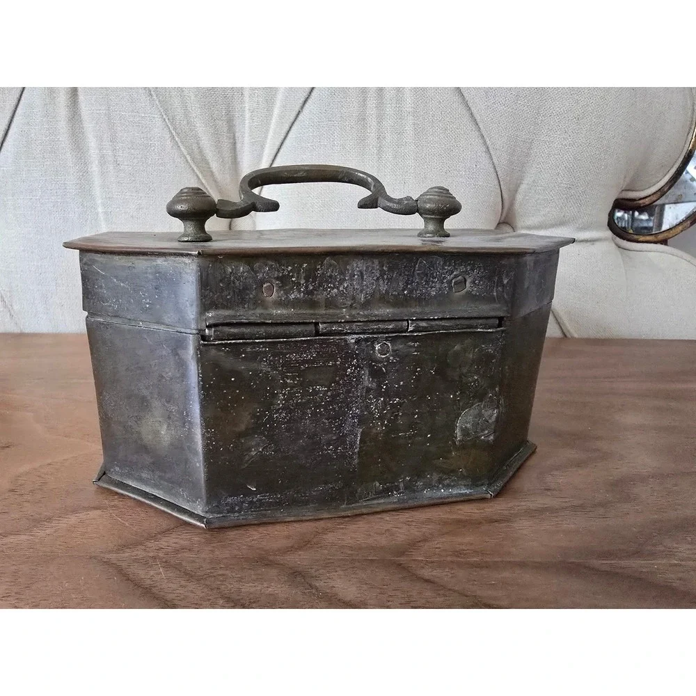 Antique brass octagonal trinket box with handle & latch